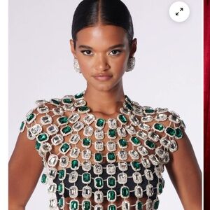 BEJEWLED EMERALD SLEEVELESS TOP Silver and Green Gemstone Embellished Top